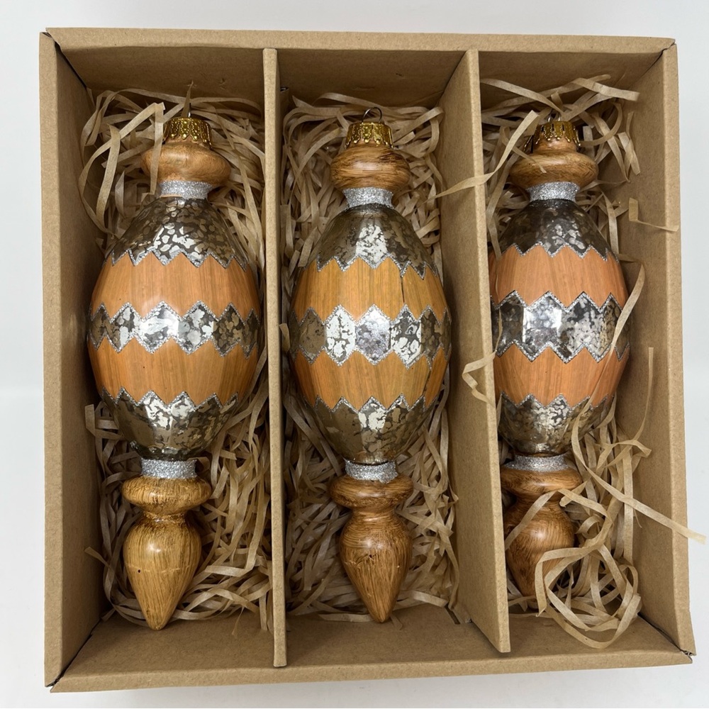 Holiday Ornament Set of 3 Faux Wooden Style and Silver Decorative Finials